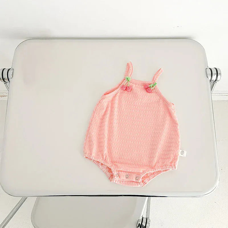 ノースリーブロンパース Pink / 66cm ベビーロンパース キャミソールボディスーツ フラワー/いちご/チェリーワンポイント 4カラー【mh0005320】