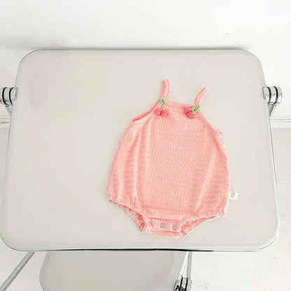 ノースリーブロンパース Pink / 66cm ベビーロンパース キャミソールボディスーツ フラワー/いちご/チェリーワンポイント 4カラー【mh0005320】