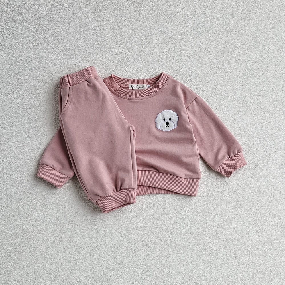 長袖セットアップ pink / 66cm / 取り寄せ（7〜21日） ベビー キッズ セットアップ アニマル ワッペン スウェットシャツ パンツ 3カラー ユニセックス