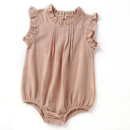 ノースリーブロンパース Pink / 66cm ベビーロンパース コットンリネン フリルカラー ノースリーブボディスーツ【mh0005932】