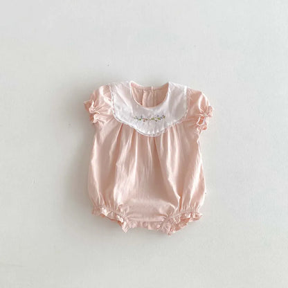半袖ロンパース Pink / 66cm ベビーロンパース 半袖ボディスーツ フラワー刺繍 ピンク【mh0006272】