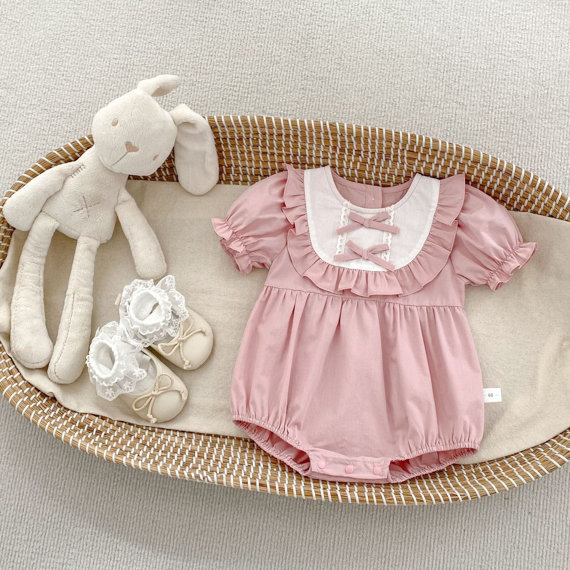 半袖ロンパース Pink / 66cm リボンフリル半袖パフスリーブロンパース【mh0009699】