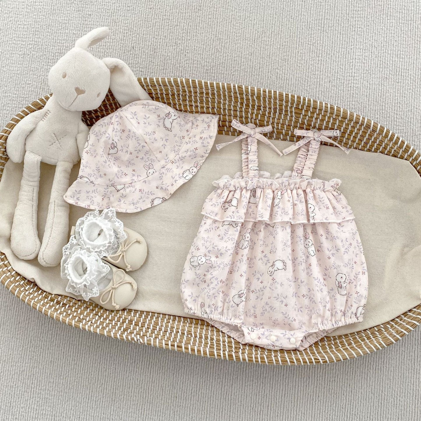 ノースリーブロンパース Pink / 66cm フラワーうさぎプリントキャミソールロンパース+帽子セット【mh0009704】