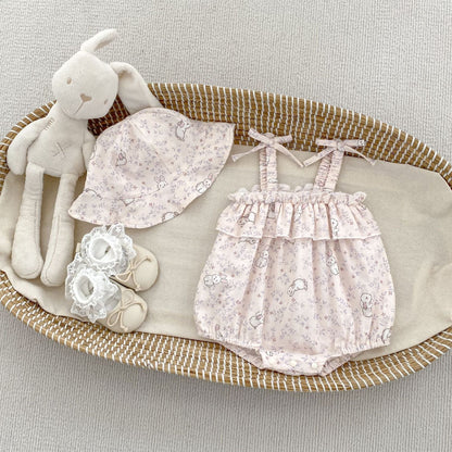 ノースリーブロンパース Pink / 66cm フラワーうさぎプリントキャミソールロンパース+帽子セット【mh0009704】