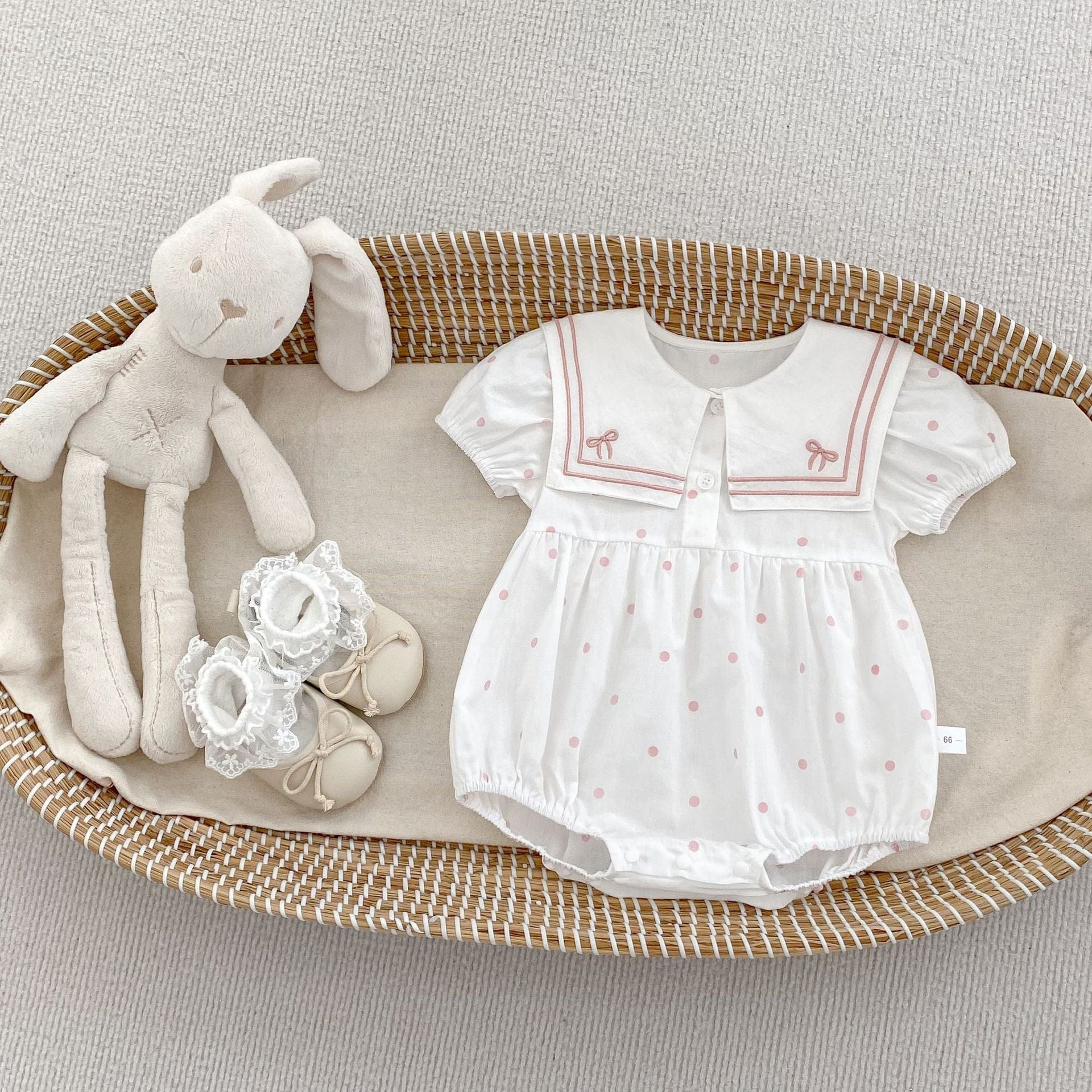 半袖ロンパース Pink / 66cm リボン水玉刺繍セーラーカラー半袖ロンパース【mh0009705】