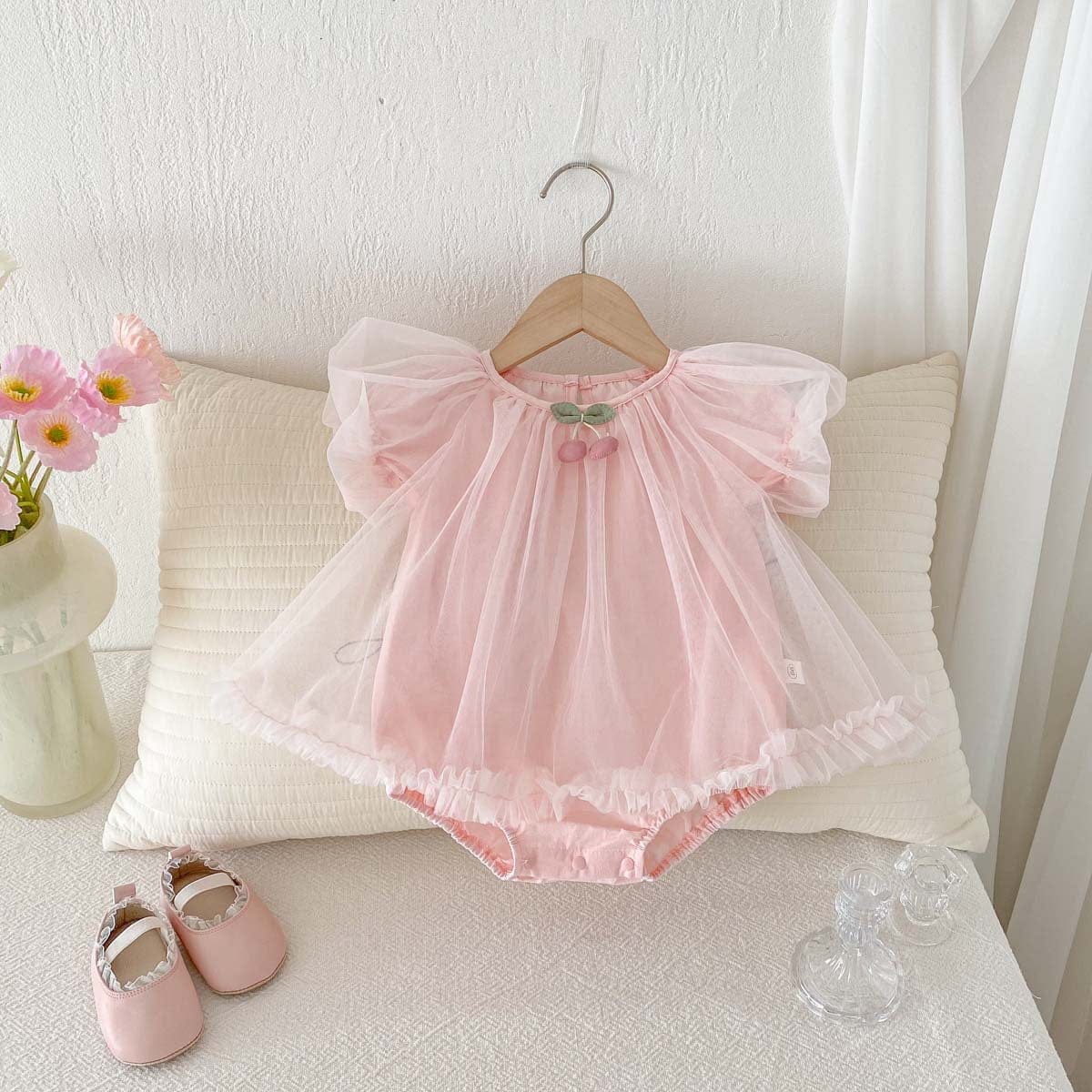 半袖ロンパース Pink / 66cm チェリーチュチュチュールスカート半袖パフスリーブドレスロンパース【mh0009753】