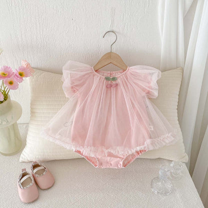 半袖ロンパース Pink / 66cm チェリーチュチュチュールスカート半袖パフスリーブドレスロンパース【mh0009753】