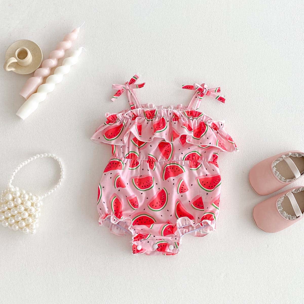 ノースリーブロンパース Pink / 66cm スイカプリントフリルキャミソールロンパース【mh0009767】