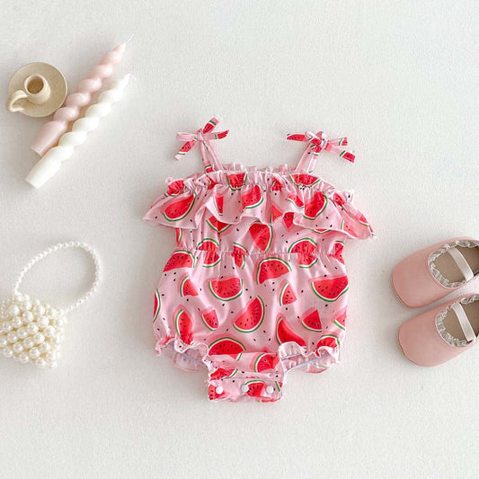 ノースリーブロンパース Pink / 66cm スイカプリントフリルキャミソールロンパース【mh0009767】