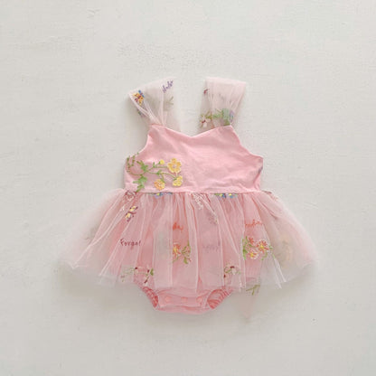 ノースリーブロンパース Pink / 66cm フラワー刺繍チュールスカートキャミソールロンパース【mh0010312】