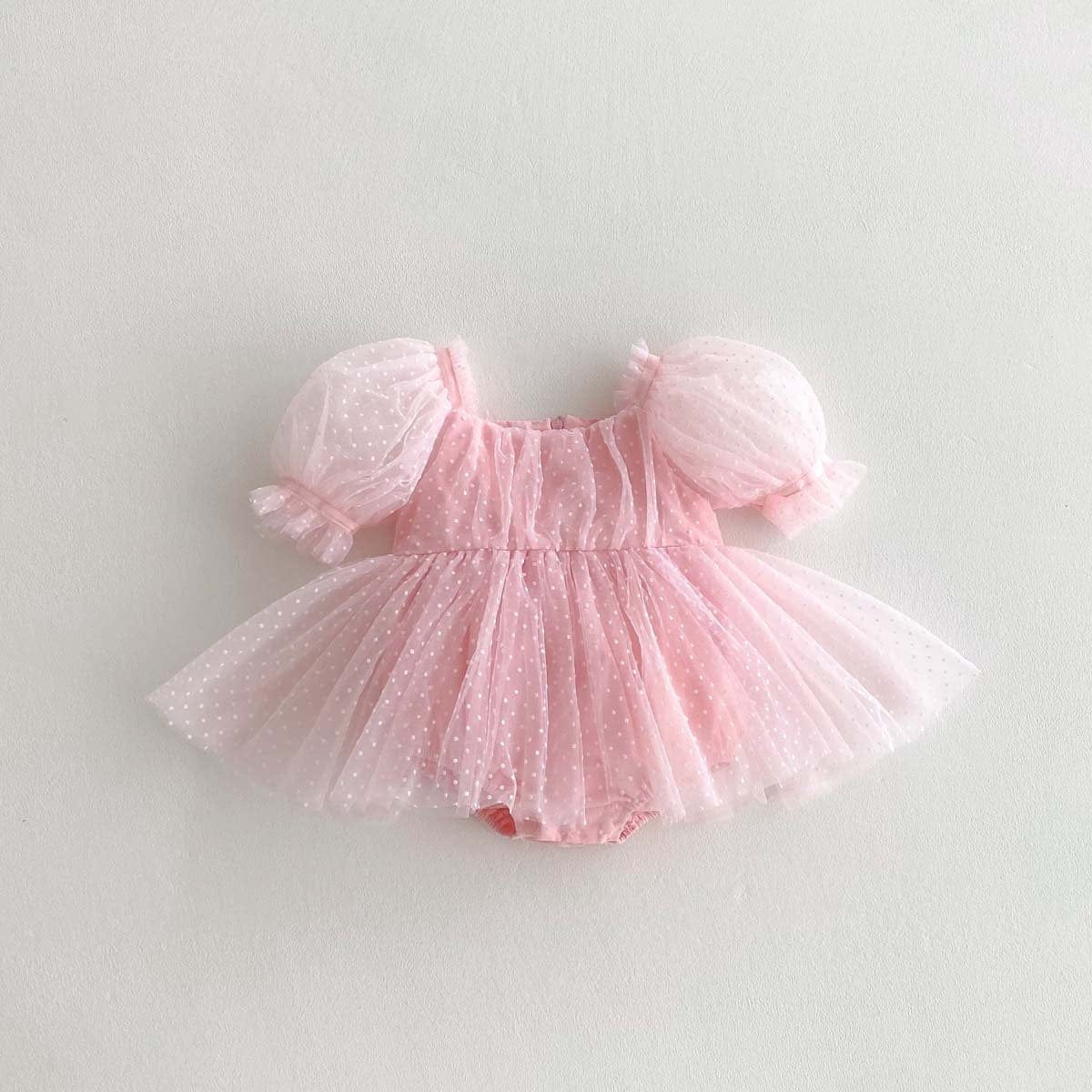 半袖ロンパース Pink / 66cm ピンドットチュール半袖パフスリーブドレスロンパース【mh0010324】