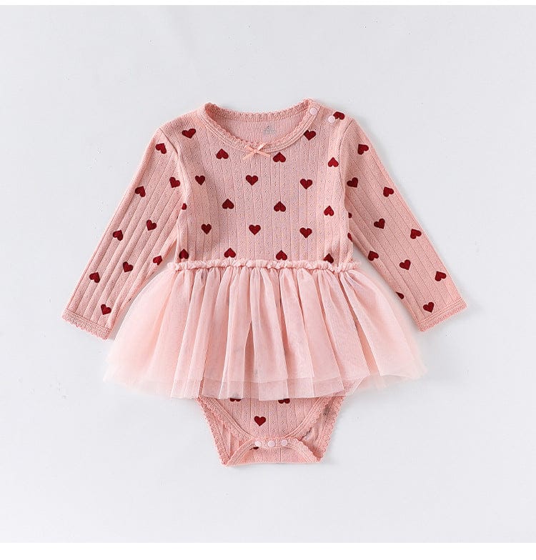 長袖ロンパース Pink / 66cm ハート/リボンチュールスカートドッキング長袖ロンパース【mh0010720】