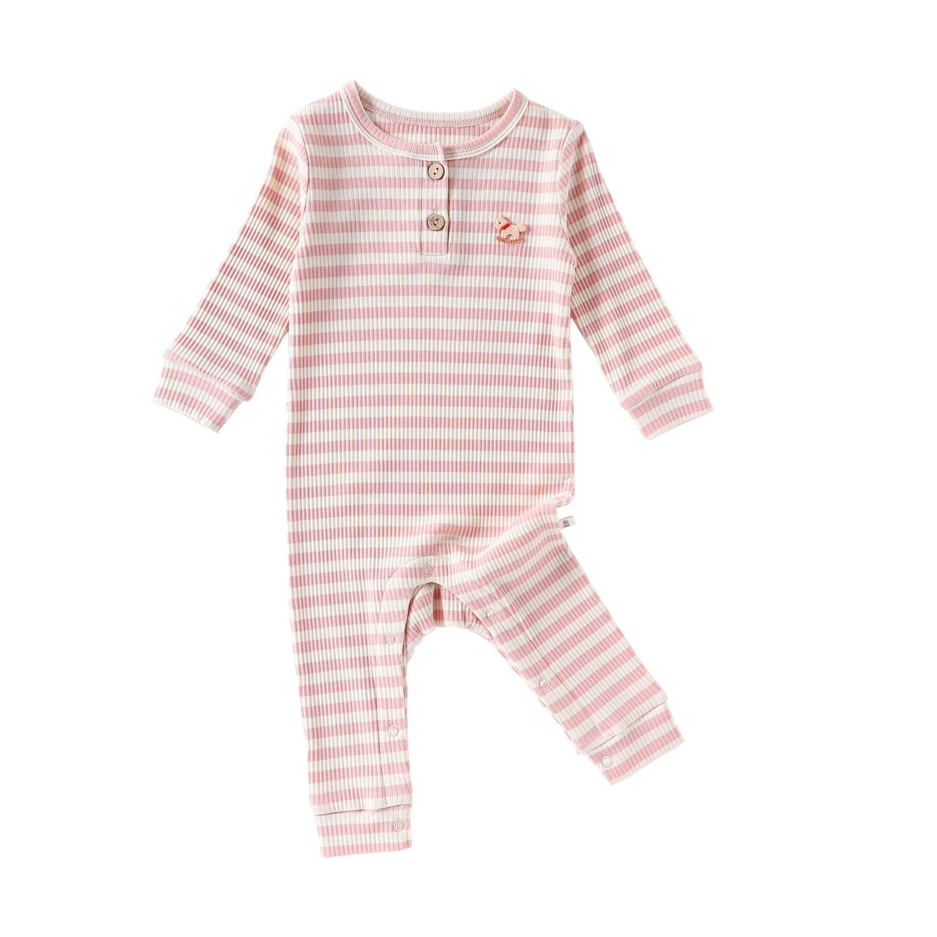 長袖ロンパース Pink / 66cm ボーダー長袖ジャンプスーツロンパース【mh0010731】