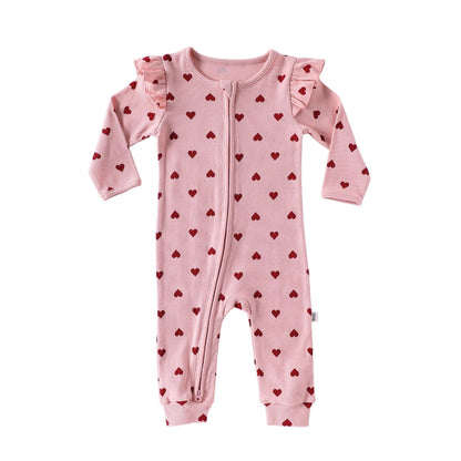 長袖ロンパース Pink / 66cm ハート/リボンプリントジップアップ長袖ジャンプスーツ【mh0010734】