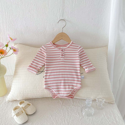 長袖ロンパース Pink / 66cm リブ素材ヘンリーネック長袖ロンパースボーダー柄【mh0010919】
