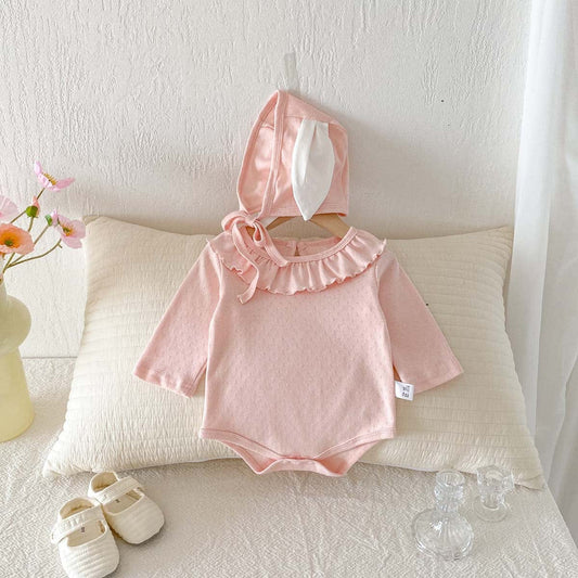 長袖ロンパース Pink / 66cm ラッフル襟長袖ロンパース+うさ耳ボンネット帽子セット【mh0010932】
