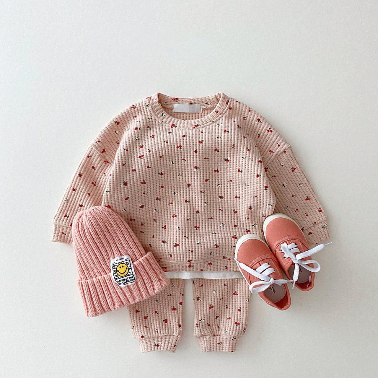長袖セットアップ pink / 66cm ☺︎ ベビー セットアップ 長袖Tシャツ パンツ ワッフル 花柄 フラワープリント アプリコット ピンク イエロー 3カラー ユニセックス 男の子 女の子 子供服
