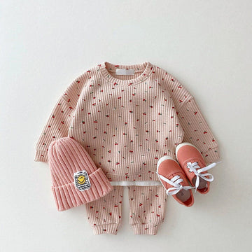 長袖セットアップ pink / 66cm ☺︎ ベビー セットアップ 長袖Tシャツ パンツ ワッフル 花柄 フラワープリント アプリコット ピンク イエロー 3カラー ユニセックス 男の子 女の子 子供服