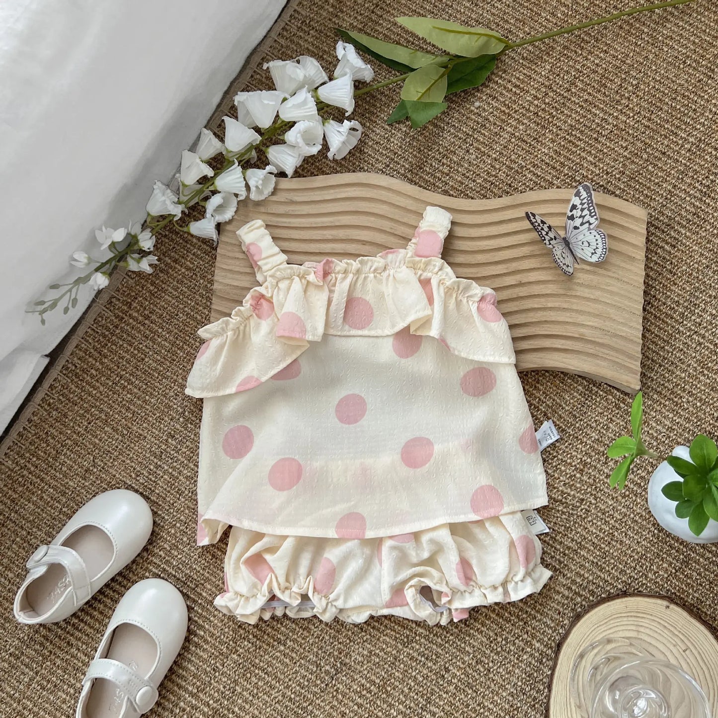 ノースリーブセットアップ Pink / 6M  66CM ベビーセットアップ 2点セット キャミソールチュニックブラウス+フリルショートパンツ 水玉コインドットプリント 2カラー【mh0006198】