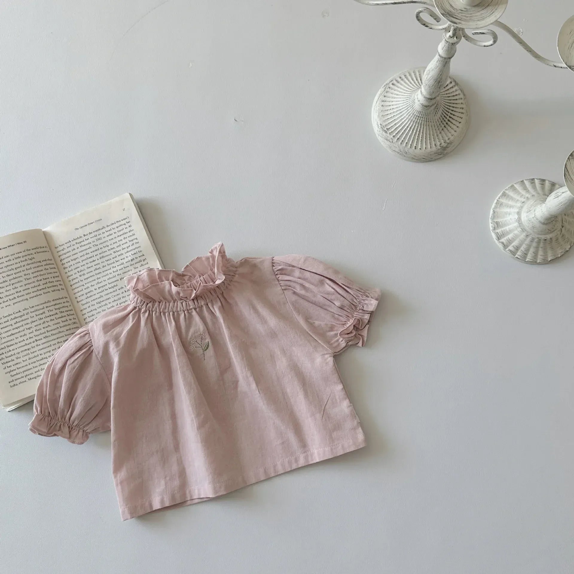 半袖シャツ・ブラウス Pink / 6M  66CM ベビートップス 半袖パフスリーブ スタンドフリルカラーブラウス どんぐり刺繍ワンポイント 2カラー【mh0005463】