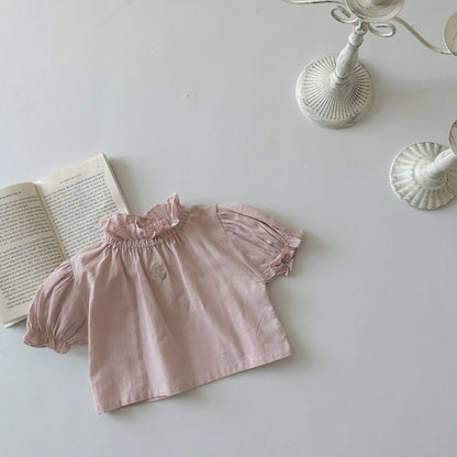 半袖シャツ・ブラウス Pink / 6M  66CM ベビートップス 半袖パフスリーブ スタンドフリルカラーブラウス どんぐり刺繍ワンポイント 2カラー【mh0005463】