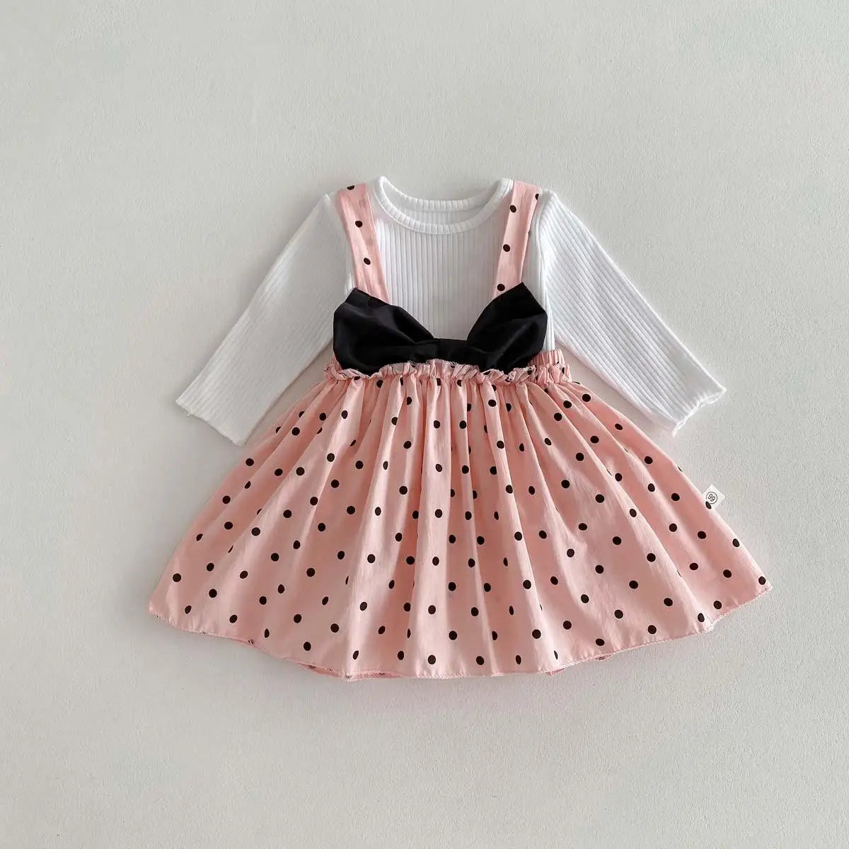 長袖セットアップ pink / 6M  66cm ベビーセットアップ 2点セット 長袖Tシャツ サスペンダーブルマインスカート リボン 水玉ドットプリント 2カラー