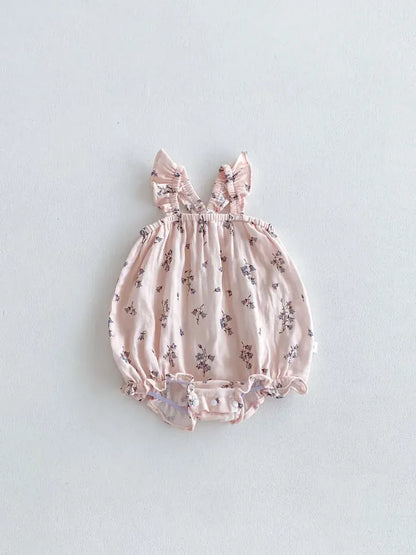 ノースリーブロンパース Pink / 6M  66CM ベビーロンパース フリルサスペンダーボディスーツ フラワー花柄プリント【mh0006193】