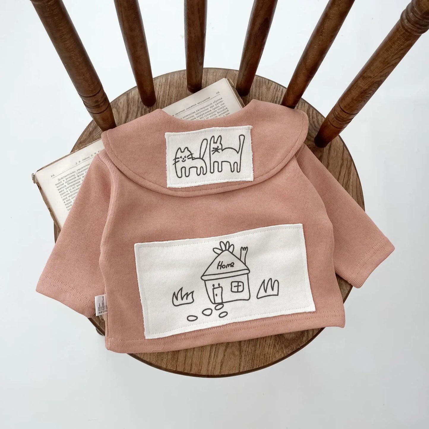 カーディガン・パーカー Pink / 6M  66CM ベビーカーディガン ニットジャケット お絵描き 猫 家 パッチワーク ビッグラペルカラー ピンク【mh0006355】