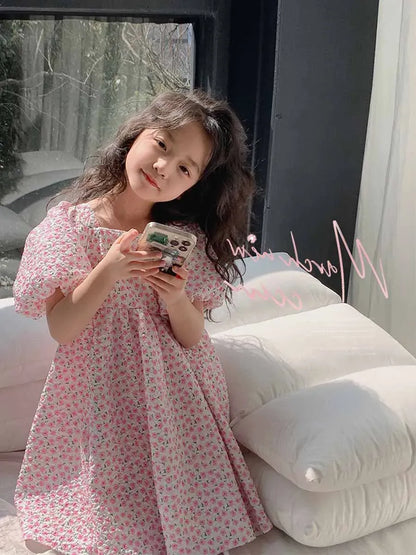 半袖ワンピース Pink / 7 (95-100cm) キッズワンピース 半袖バブルスリーブサマードレス ボリューム袖 フラワー花柄プリント 2カラー【mh0005225】