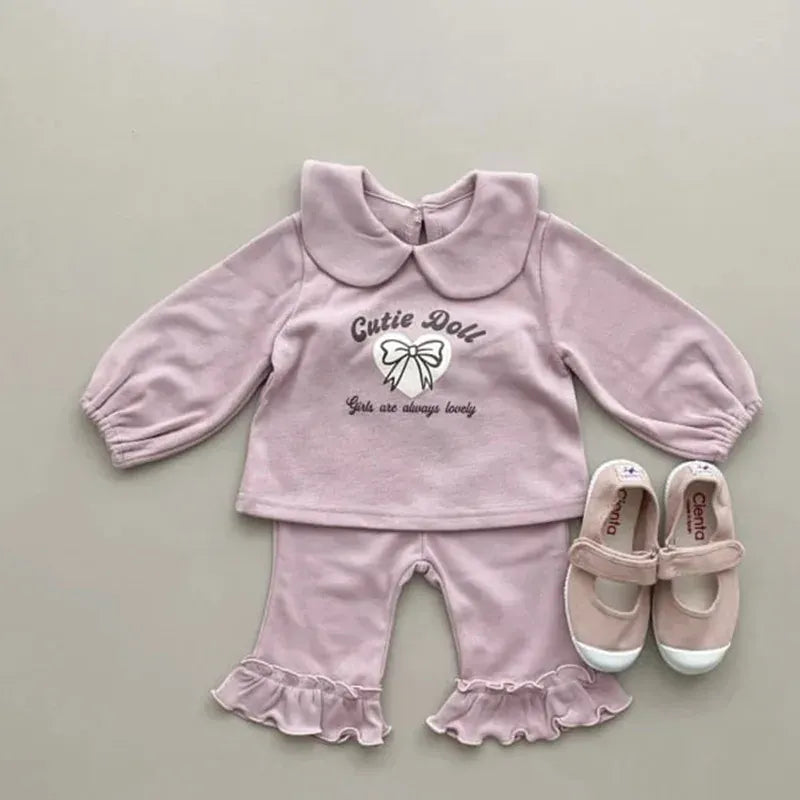 長袖セットアップ Pink / 70cm ベビーキッズセットアップ 2点セット リボンプリント丸襟長袖Tシャツ+裾フリルロングパンツ 2カラー【mh0007416】