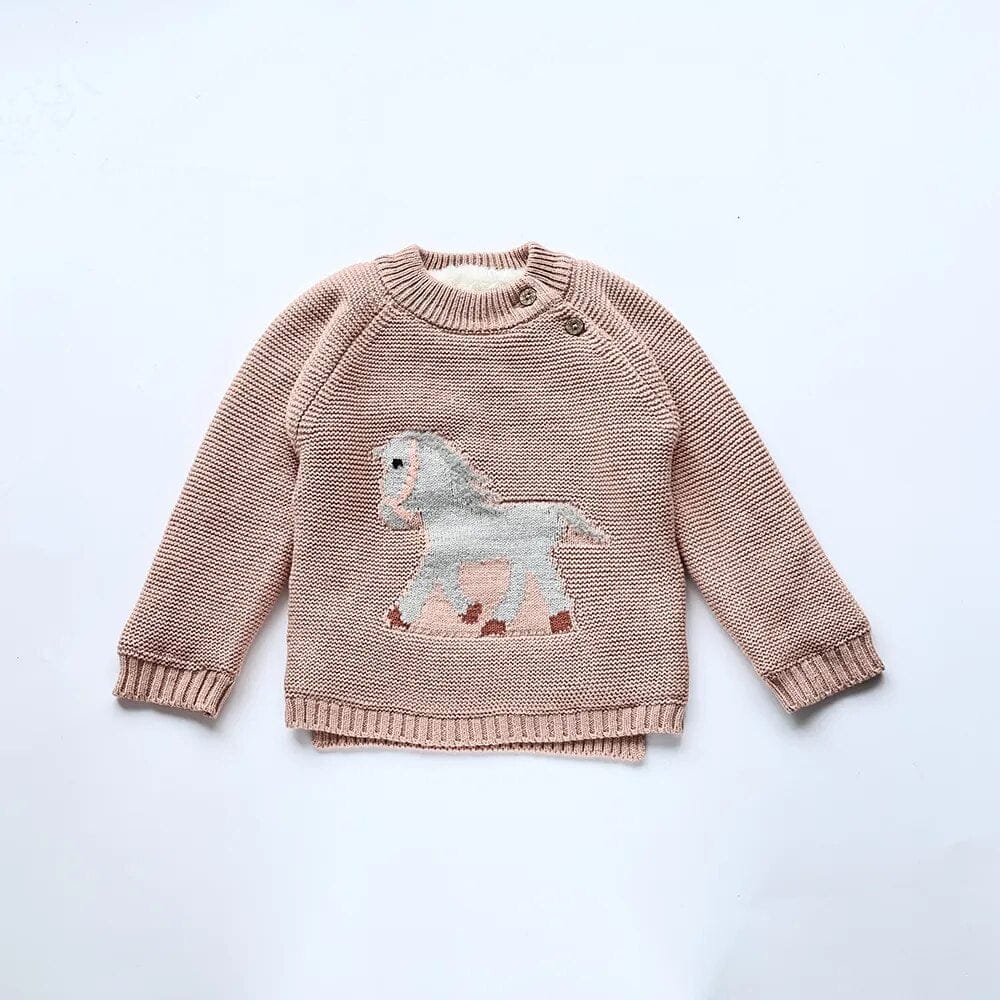 ニット・セーター pink / 70cm / 取り寄せ（3〜14日） ☺︎ キッズセーター ニット 裏フリース 馬 ホース ベージュ グリーン ピンク 3カラー ユニセックス 男の子 女の子 子供服