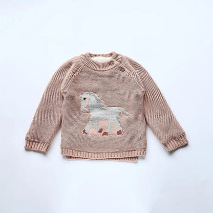 キッズセーター ニット 裏フリース、ピンク地にグレー馬モチーフ刺繍
