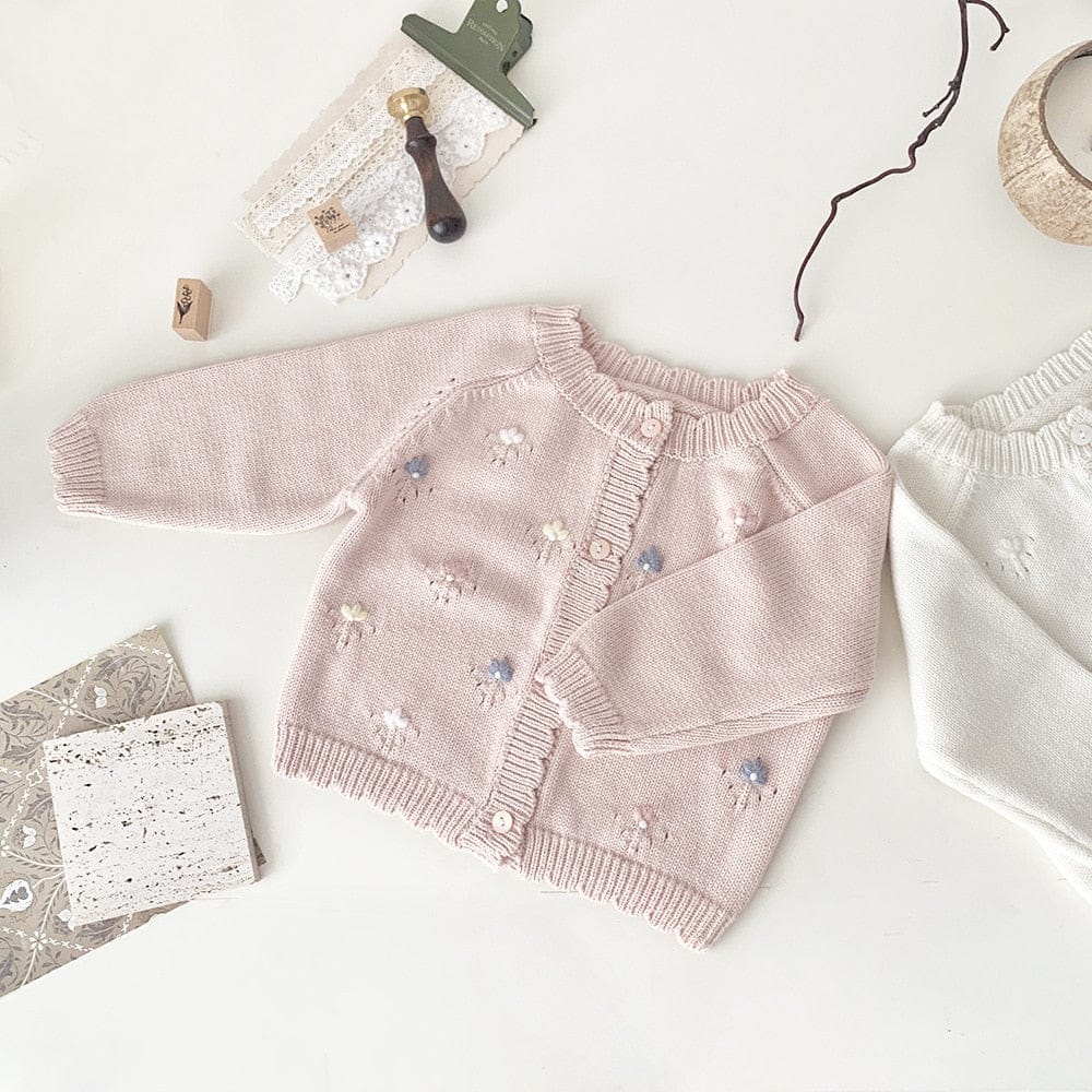 カーディガン・パーカー Pink / 73cm ベビー キッズ ニットカーディガン ジャケット フラワー 花柄 刺繍 アイボリー ピンク 2カラー ガールズ 女の子 子供服