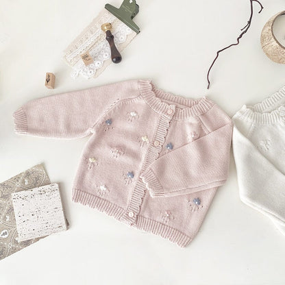 カーディガン・パーカー Pink / 73cm ベビー キッズ ニットカーディガン ジャケット フラワー 花柄 刺繍 アイボリー ピンク 2カラー ガールズ 女の子 子供服
