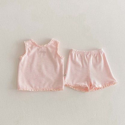 ノースリーブセットアップ Pink / 73cm リボンフリルタンクトップ+ショートパンツセットアップ 2点セット【mh0010339】