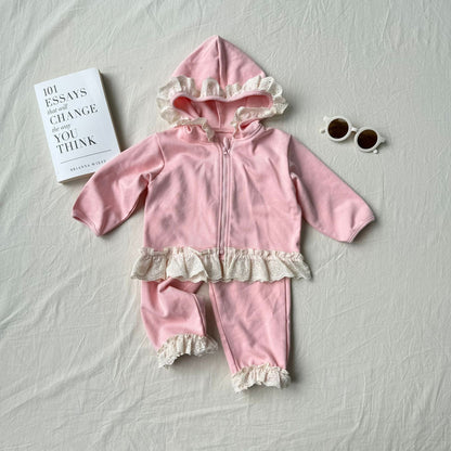 長袖セットアップ Pink / 73cm レースフリル付きセットアップ ジップアップフーディ+パンツ 2点セット【mh0010792】