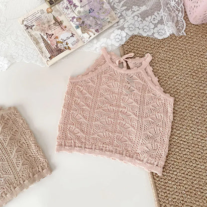 タンクトップ・キャミソール・ノースリーブトップス Pink / 73cm ベビーキッズトップス レースニット キャミソール バックオープン 3カラー
