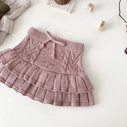 スカート pink / 73cm ベビー キッズ ニットスカート ティアードスカート フリル ガーリー パンツインスカート ベージュ グリーン ピンク 3カラー ガールズ 女の子 子供服
