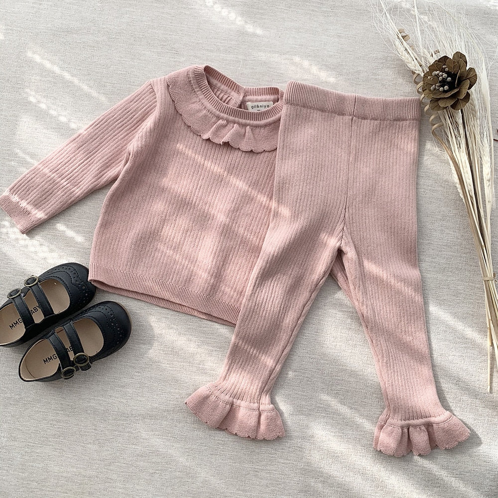 長袖セットアップ pink / 73cm ベビー キッズ ニット セットアップ フリル セーター トップス パンツ 4カラー ガールズ