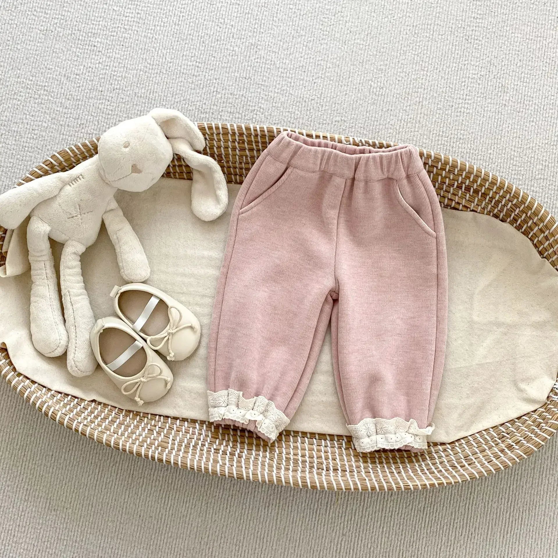 ロングパンツ・スウェットパンツ Pink / 73cm 6-9M ベビーキッズパンツ 裾レースフリル裏フリースロングスウェットパンツ 2カラー【mh0007512】