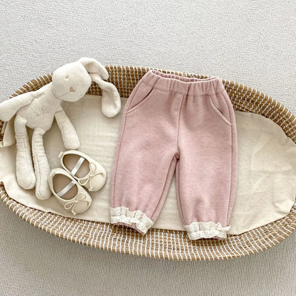 ロングパンツ・スウェットパンツ Pink / 73cm 6-9M ベビーキッズパンツ 裾レースフリル裏フリースロングスウェットパンツ 2カラー【mh0007512】