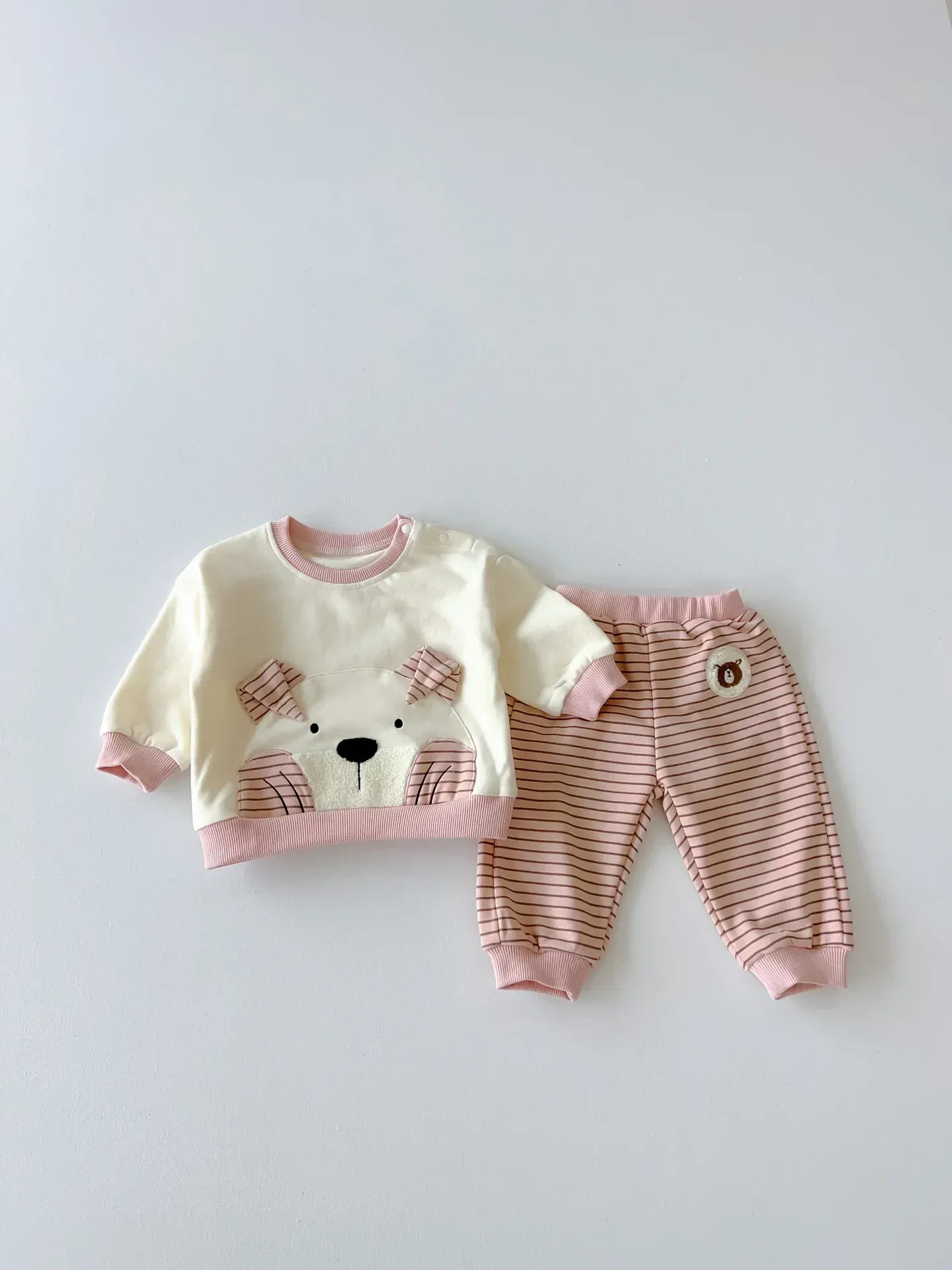 長袖セットアップ Pink / 73cm 6-9M ベビーキッズセットアップ 2点セット ベアくまアップリケ長袖Tシャツ+ボーダーロングパンツ 2カラー【mh0007165】