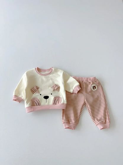 長袖セットアップ Pink / 73cm 6-9M ベビーキッズセットアップ 2点セット ベアくまアップリケ長袖Tシャツ+ボーダーロングパンツ 2カラー【mh0007165】