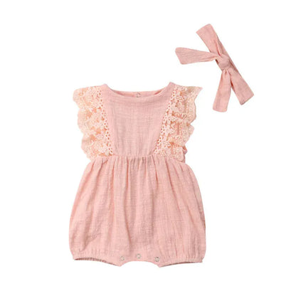 ノースリーブジャンプスーツ Pink / 73cm 6-9m ベビージャンプスーツ ノースリーブレースボディスーツ リボンヘアバンドセット 6カラー