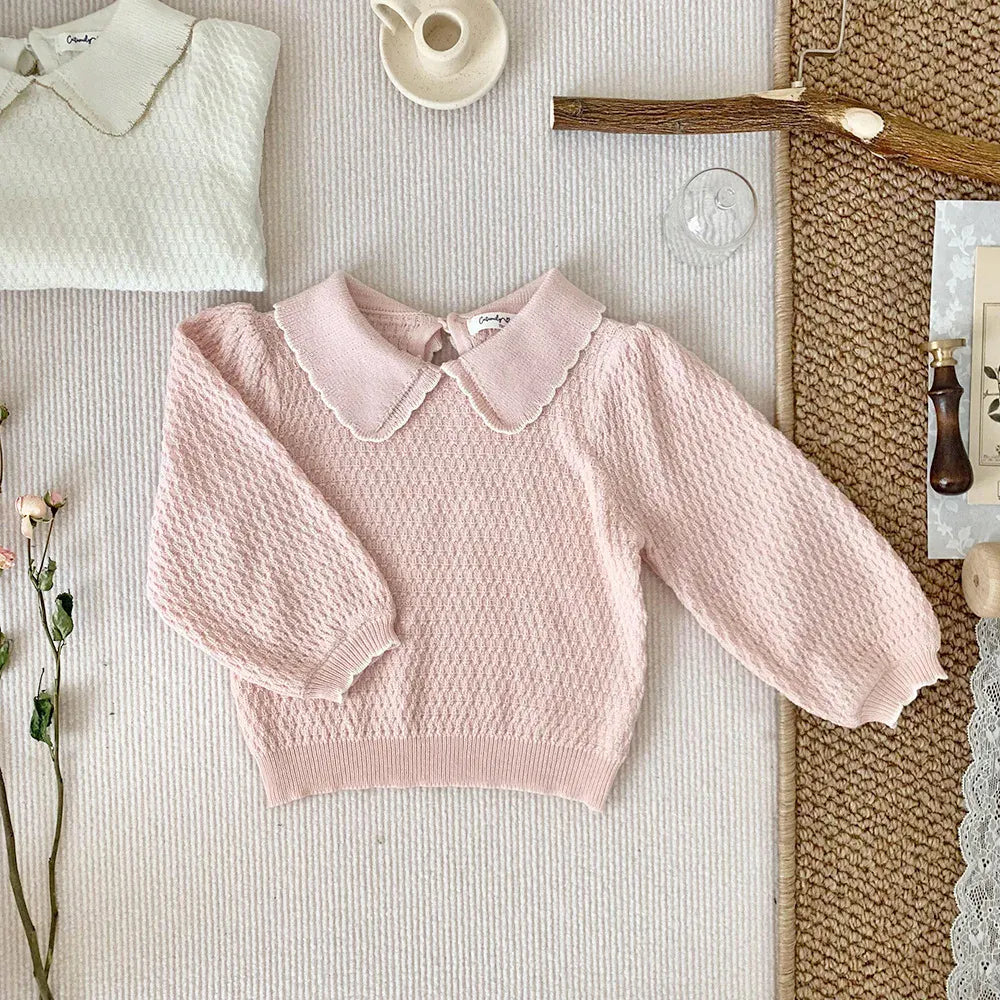 長袖シャツ・ブラウス Pink / 73cm 6-9m ベビーキッズトップス 長袖ニットブラウス 襟付きTシャツ パフスリーブ 2カラー