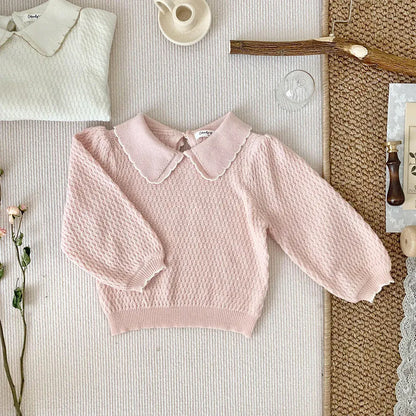 長袖シャツ・ブラウス Pink / 73cm 6-9m ベビーキッズトップス 長袖ニットブラウス 襟付きTシャツ パフスリーブ 2カラー