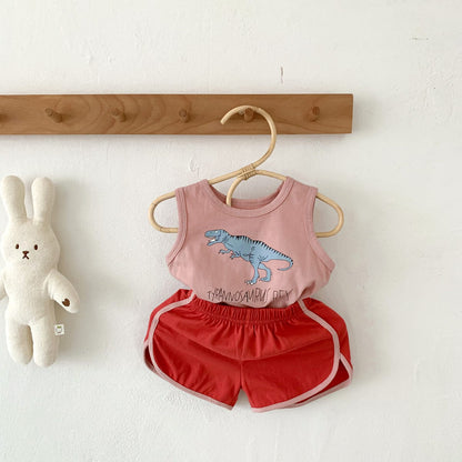 ノースリーブセットアップ Pink / 73cm ベビー セットアップ ダイナソー 恐竜 タンクトップ ショート パンツ【mh0001441】