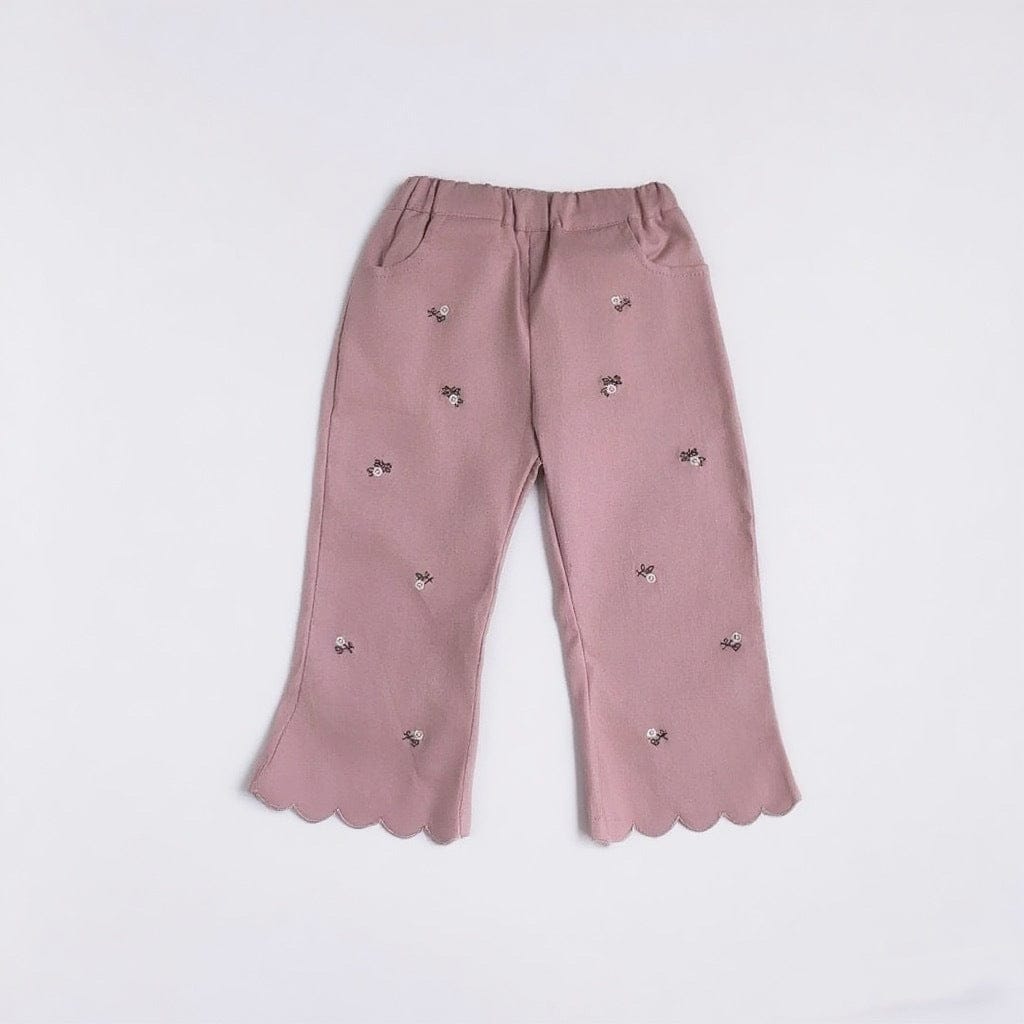 ロングパンツ・スウェットパンツ Pink / 73cm フラワー刺繍裾メロウフレアパンツ ワイドパンツ【mh0011018】