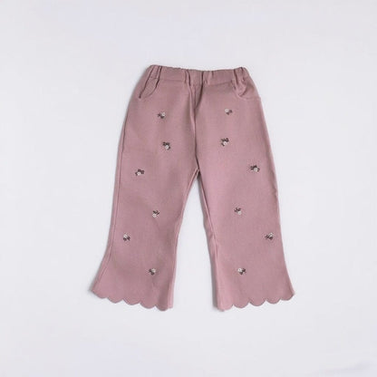 ロングパンツ・スウェットパンツ Pink / 73cm フラワー刺繍裾メロウフレアパンツ ワイドパンツ【mh0011018】