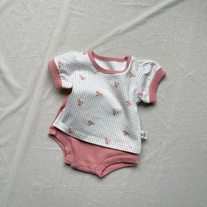 半袖セットアップ Pink / 73cm チェックフラワープリント半袖パフスリーブTシャツ+ブルマパンツセットアップ 2点セット【mh0009448】